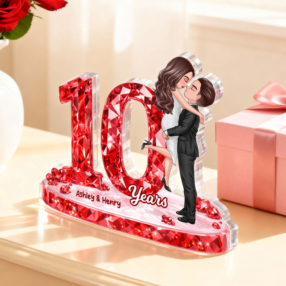 Couple Hugging Kissing Anniversary Date 3D Crystal Effect - Personalized Acrylic Block Plaque - Sentimental Gift for Her, Gift for Him