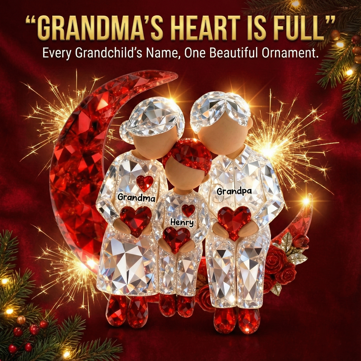 3D Crystal Effect Grandma Grandpa Grandkid Sitting on Moon  - Personalized Acrylic Ornament - Christmas Gift for Grandma, Grandkids