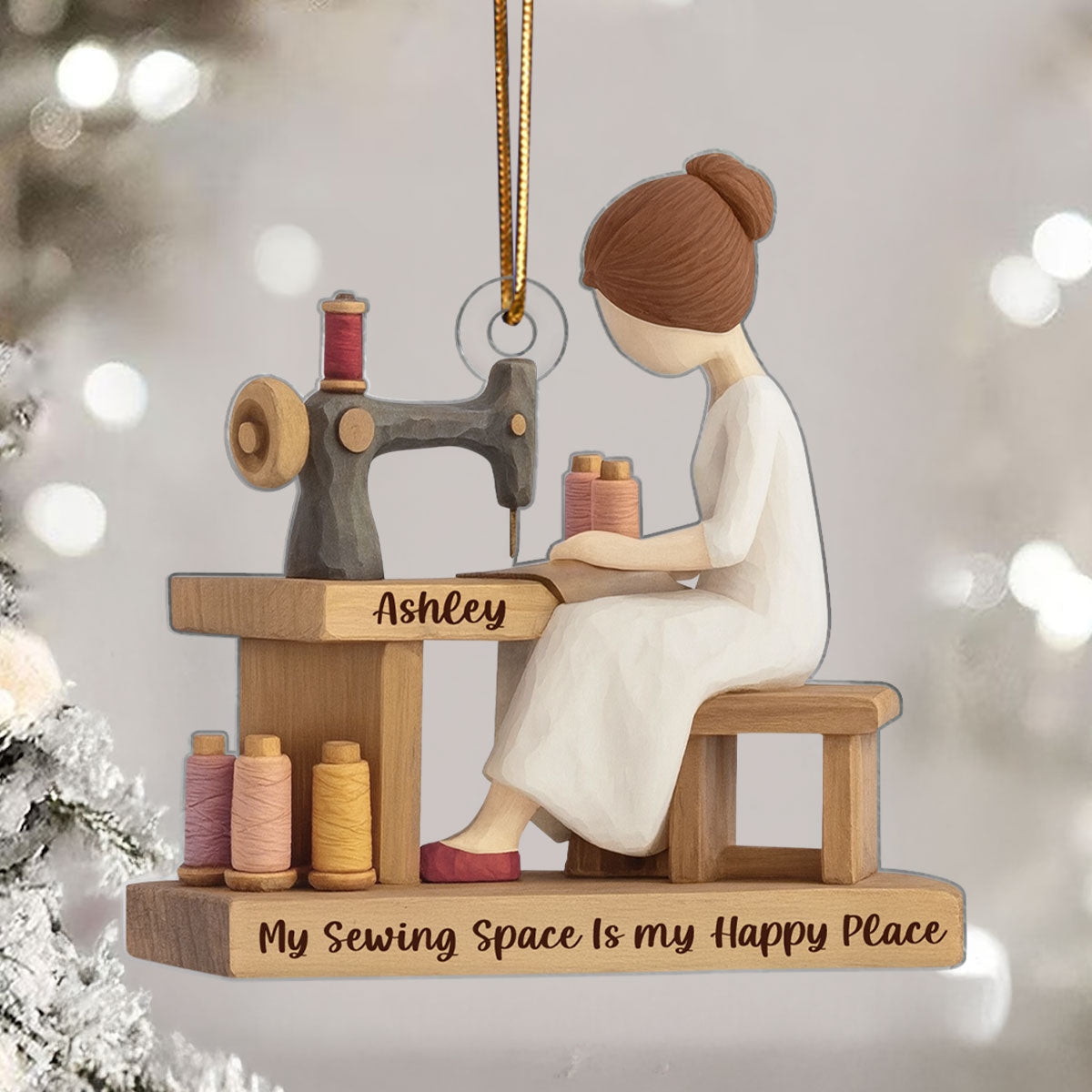 Custom My Sewing Space Is My Happy Place - Personalized Acrylic Ornament - Quilter Gift, Craft Room Christmas Keepsake