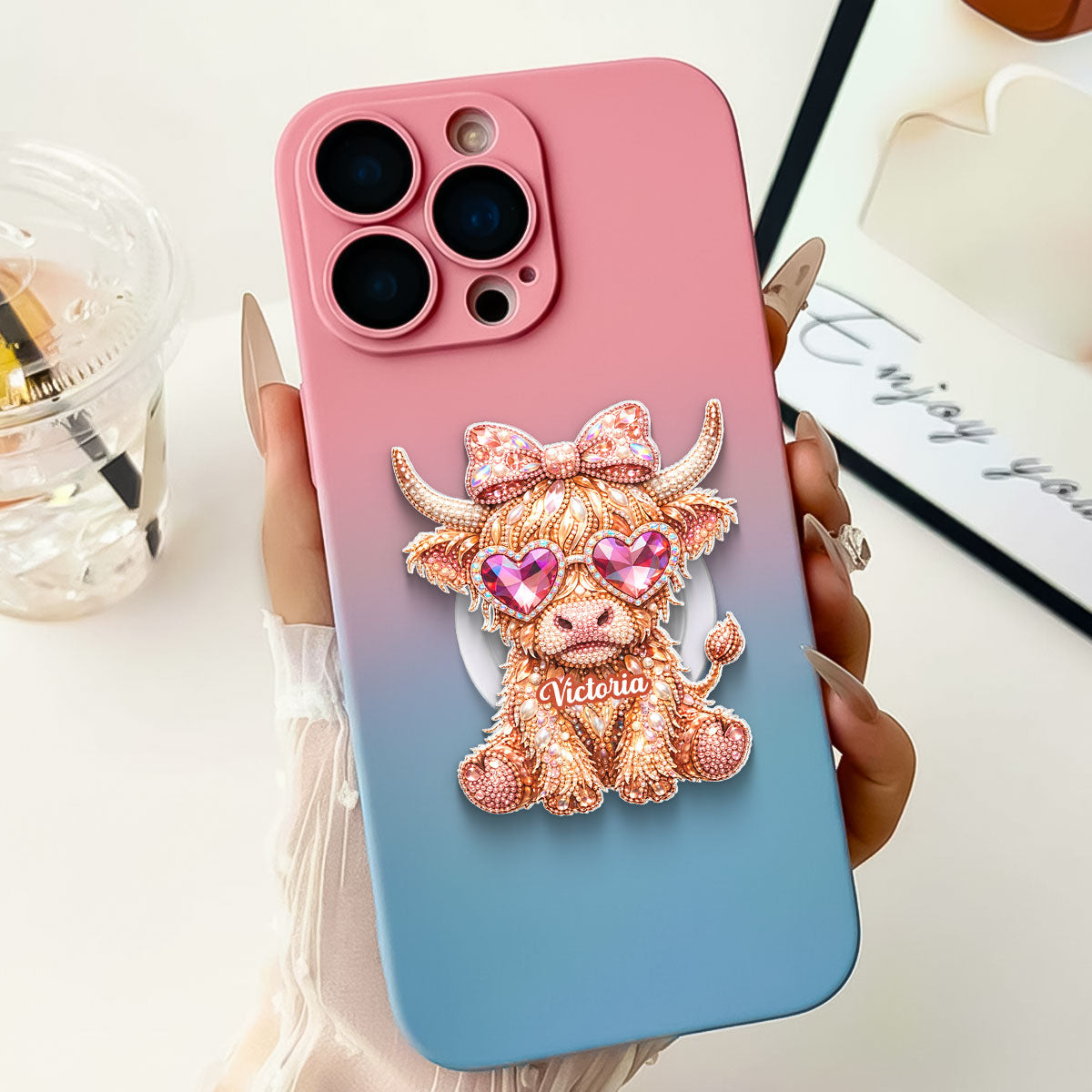 3D Effect Highland Cow - Personalized Acrylic Magnetic Phone Grip - Anniversary, Valentine's Day Gift, Gift For Her