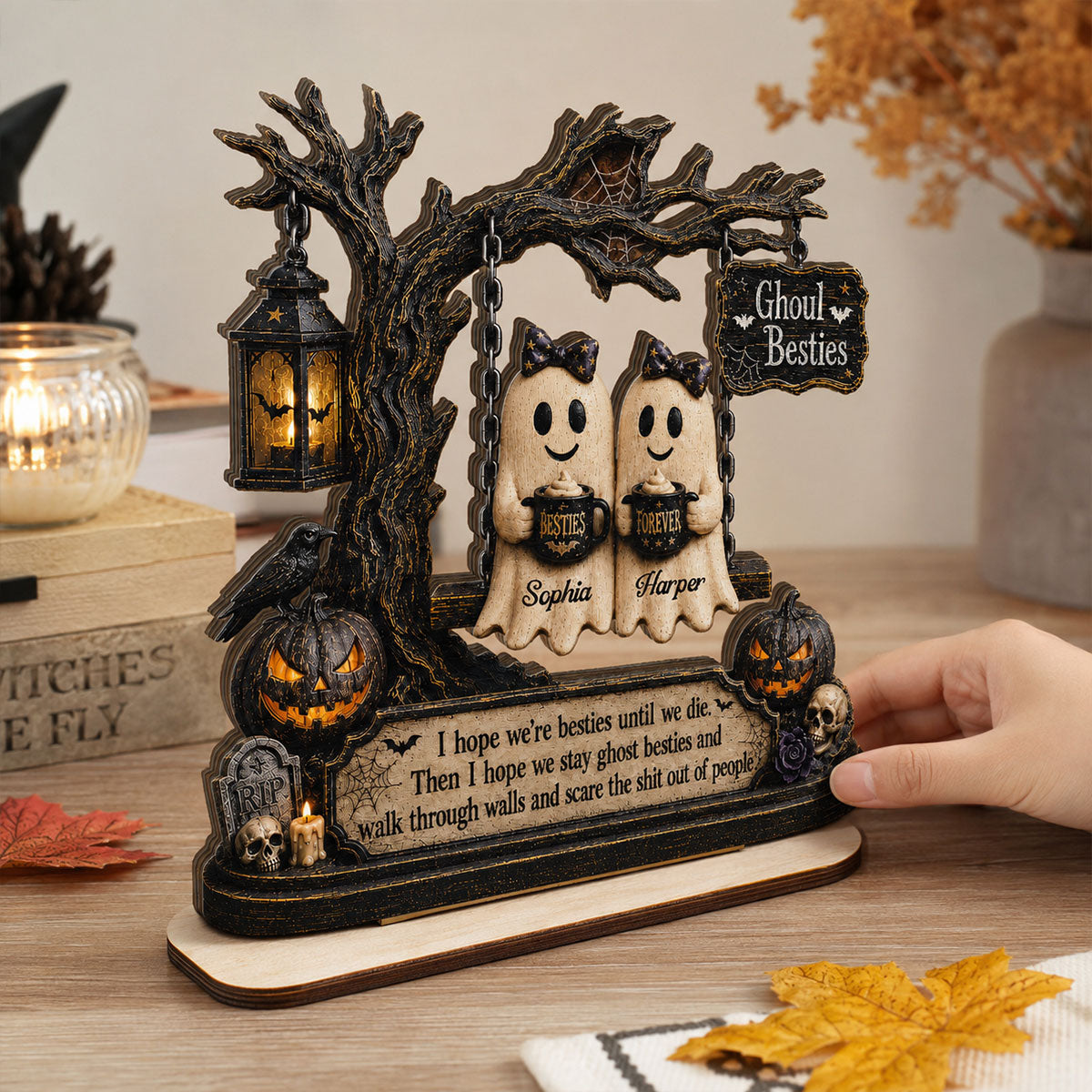 Ghost Besties On Swing Friends Until We Die 2D Flat - Personalized 2-Layered Wooden Plaque - Funny Work Bestie Gift, Halloween Keepsake For Best Friends