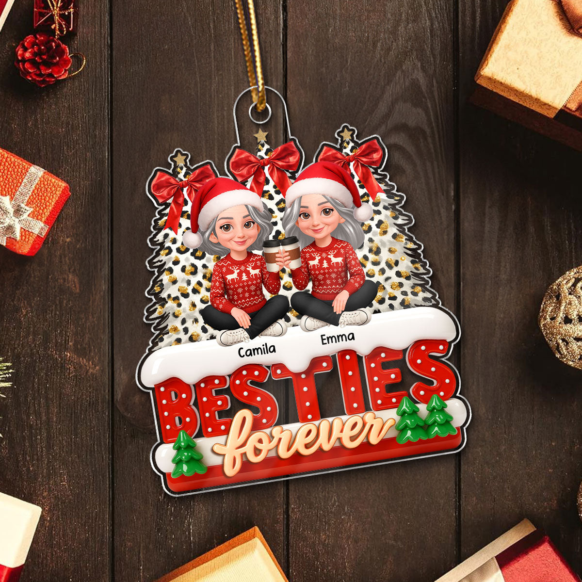 3D Effect Cartoon Besties Forever Leopard Coquette Christmas Tree - Personalized Acrylic Ornament