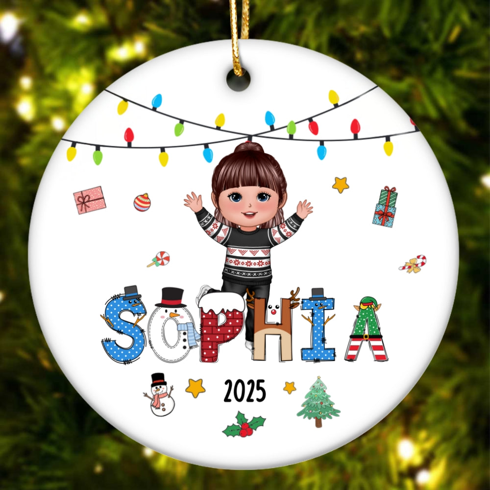 Christmas Theme Cute Doll Kid Name - Personalized Ceramic Ornament - Gift For Grandchildren, Boy, Girl