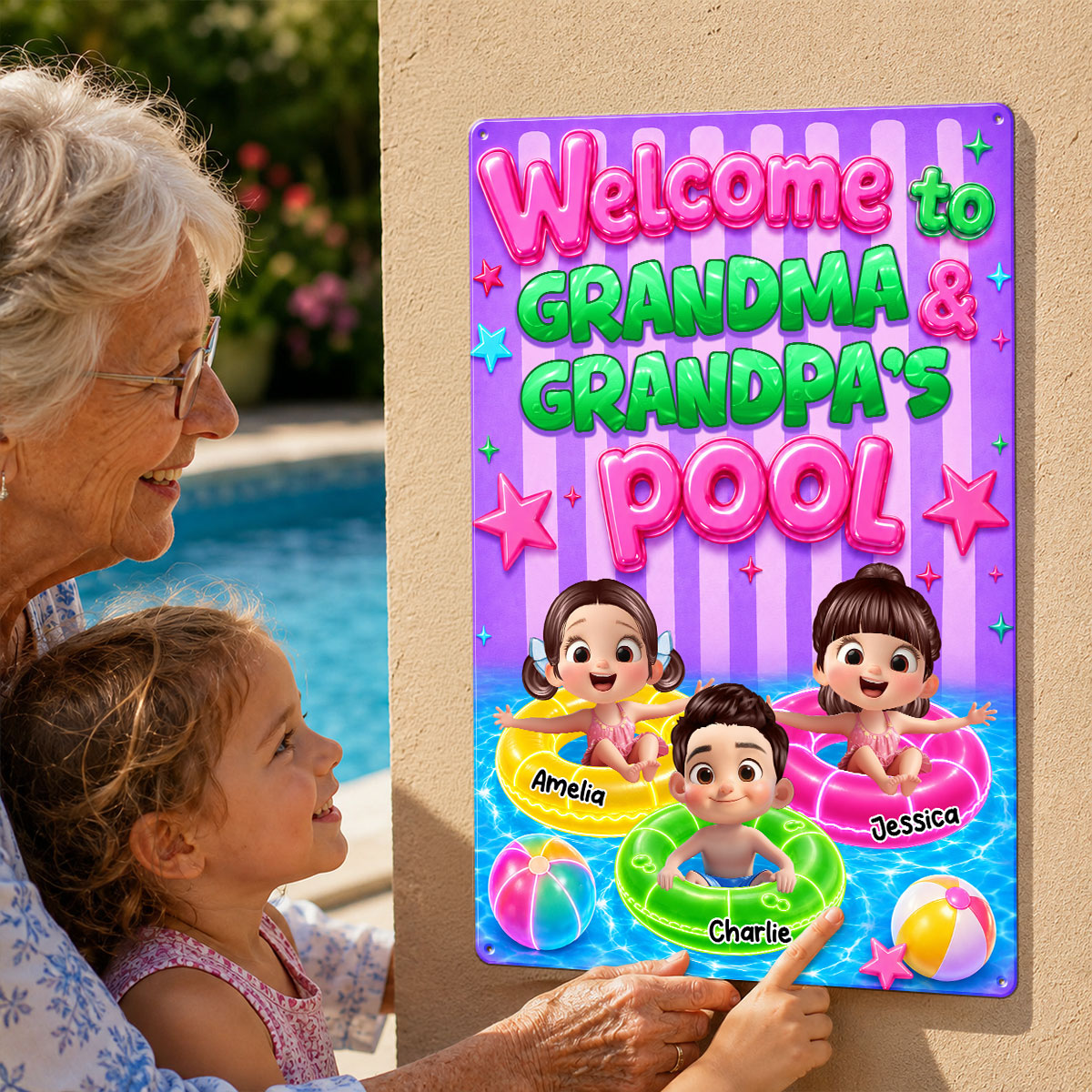 Neon Stripe Summer Welcome to Grandma Grandpa's Pool - Personalized Metal Sign - Trendy Summer Decor