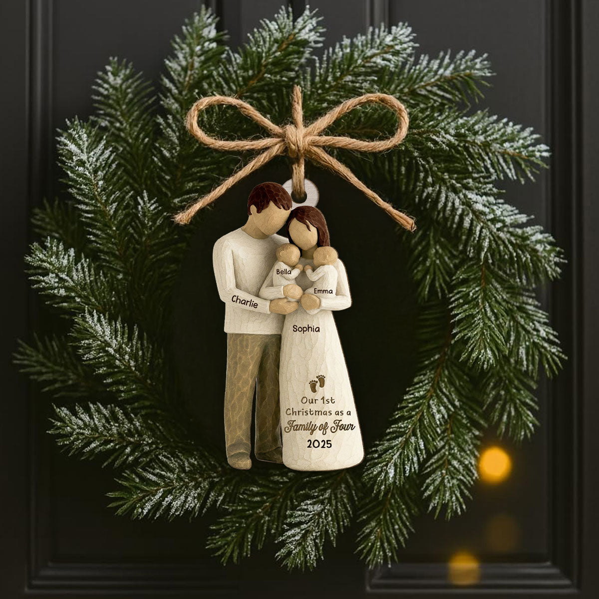 3D Effect First Christmas As Family Of Four Mom Dad & Twin Babies - Personalized Wooden Ornament