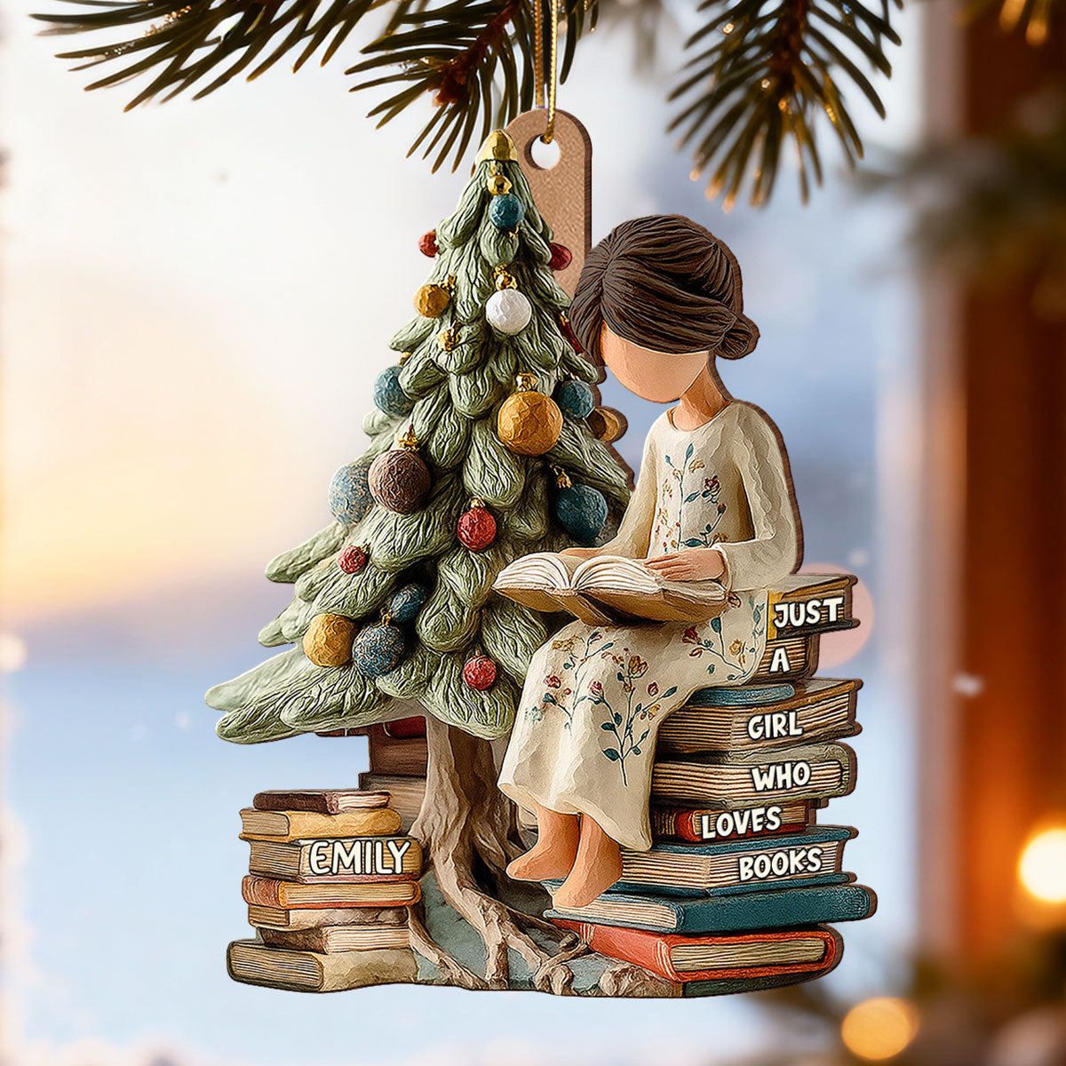 Holiday Reading By The Tree 3D Effect - Personalized Wooden Ornament - Christmas Gift For Book Lover, Bookworm