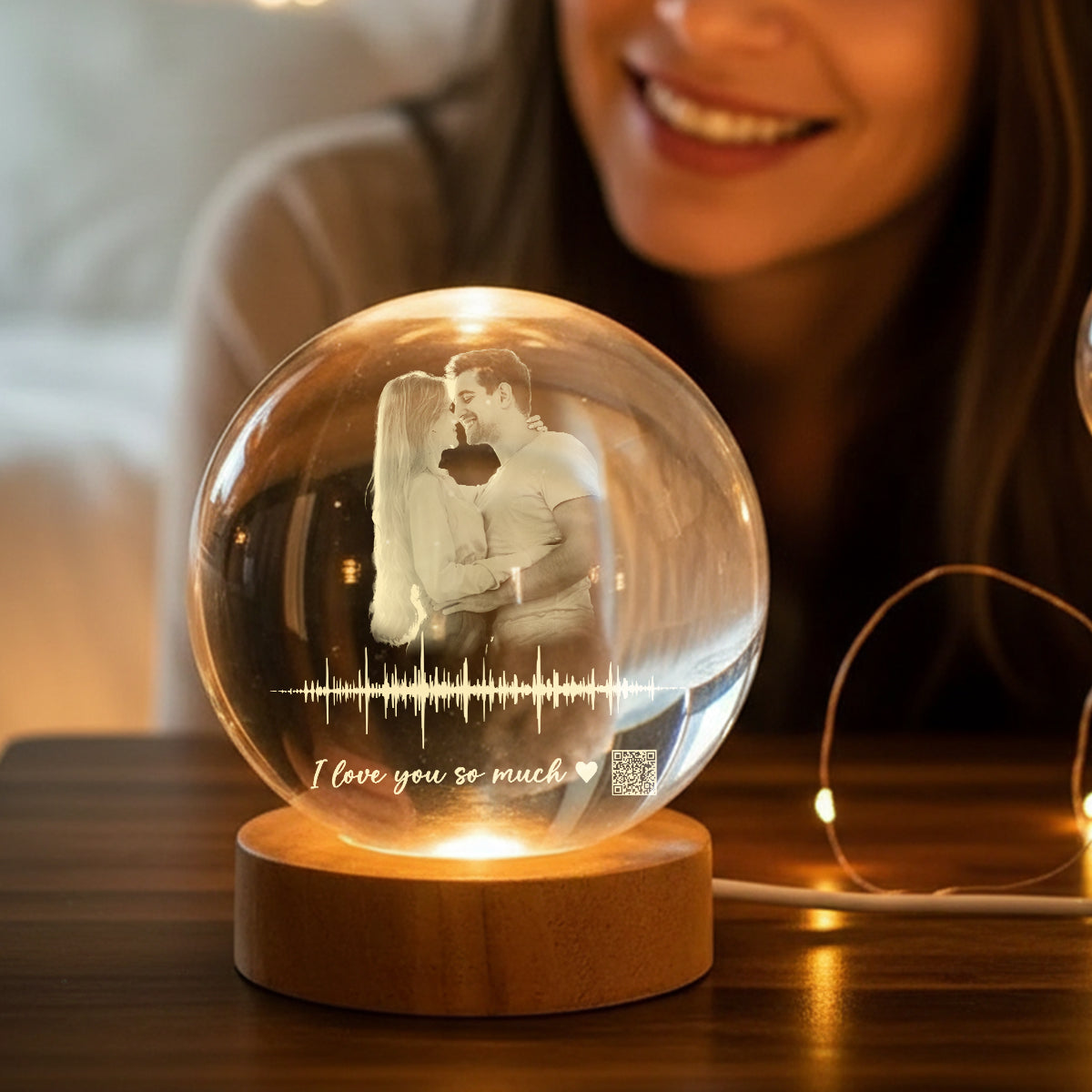 Custom Soundwave Art with QR Code - Personalized Crystal Ball LED Night Light - Heartfelt Anniversary Gift for Her, for Him