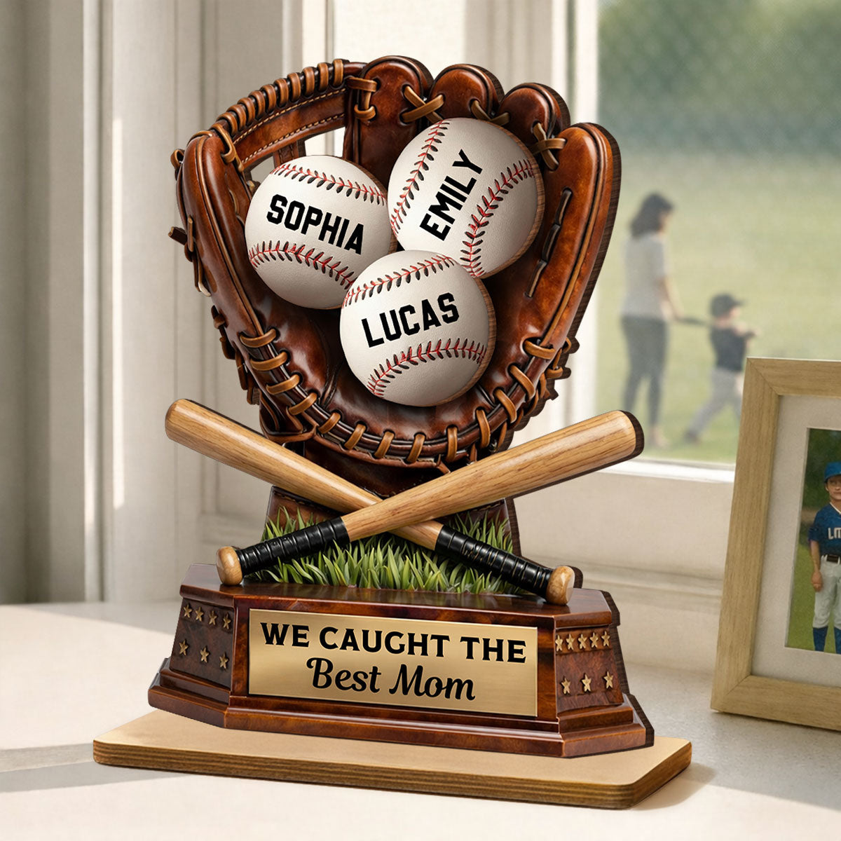 Caught The Best Mom Baseball - Personalized 2-Layered Wooden Plaque - Gift For Baseball Mom