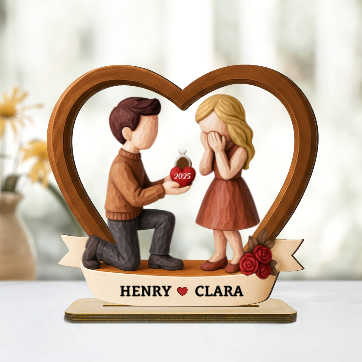 Couple Marriage Proposal 3D Wooden Effect - Personalized Wooden Plaque - Newly Engaged Gift, "She Said Yes!"