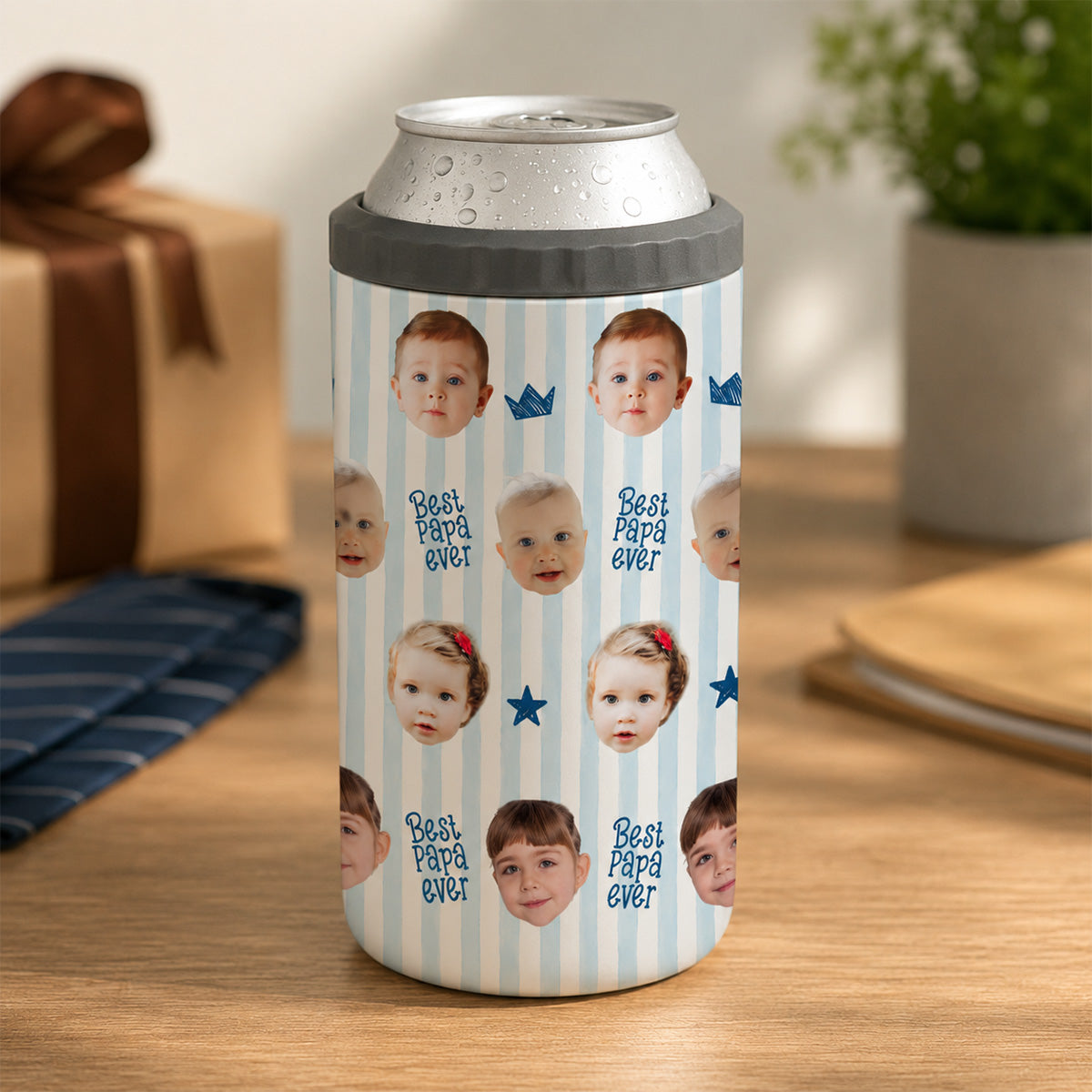 Custom Photo Stripe Theme - Personalized 4-In-1 Can Cooler - Father's Day Gift For Dad, Grandpa
