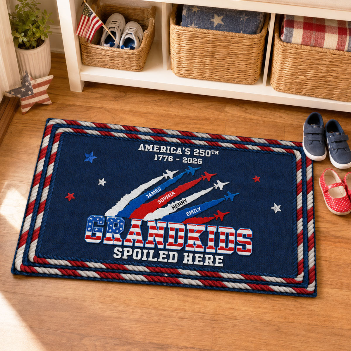 Proud Grandkids Spoiled Here American 250th Anniversary Faux Yarn Texture - Personalized Doormat - 250 Years Of Freedom Decoration, Gift For Grandparents
