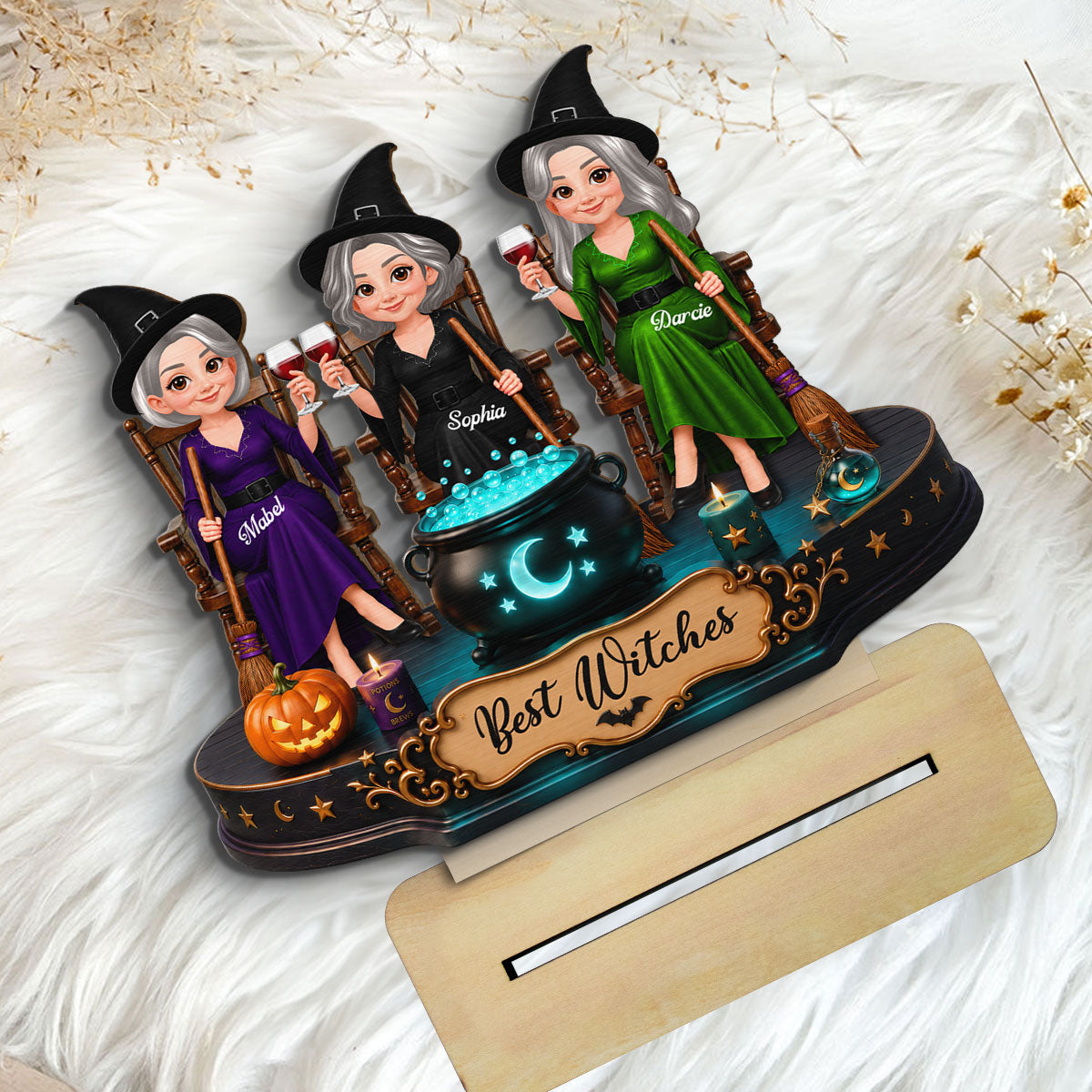 Besties Sisters Witches 2D Flat - Personalized Wooden Plaque - Halloween Decoration