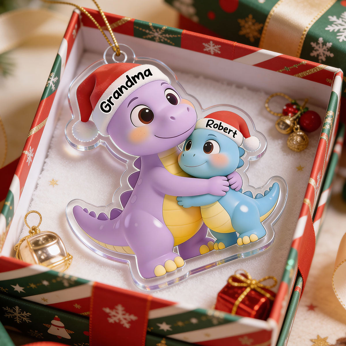 3D Effect Heartwarming Happy Grandmasaurus With Dinosaur Grandkid - Personalized Acrylic Ornament - Gift For Grandkids