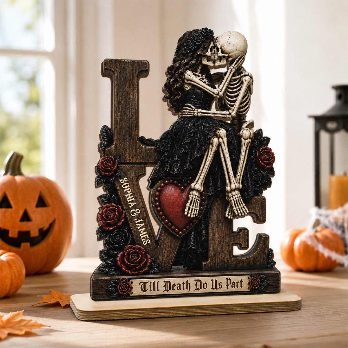 Skeleton Couple Kissing Eternal LOVE 2D Flat - Personalized 2-Layered Wooden Plaque - Halloween Decor For Couple