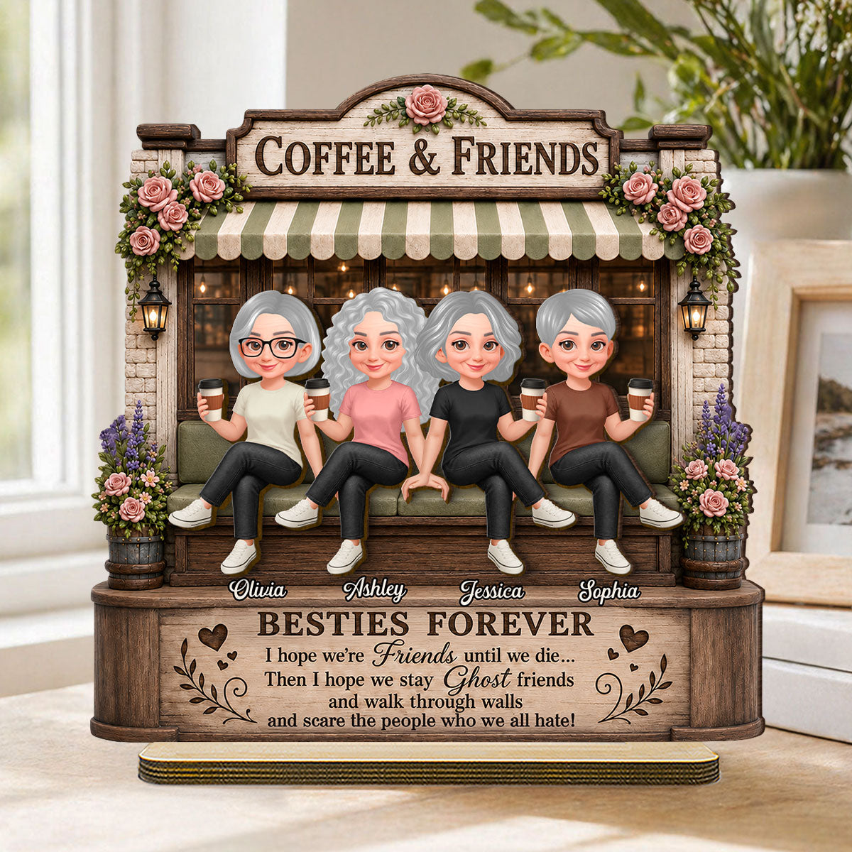 Besties Forever Coffeeshop Best Memories Together - Personalized 2-Layered Wooden Plaque - Birthday Gift, Gift For Best Friends