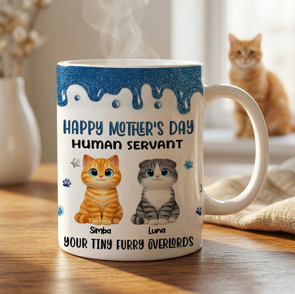 Adorable Cats Happy Mother's Day Human Servant 2D Printed - Personalized Mug - Funny Mother's Day Gift For Cat Mom, Cat Lovers
