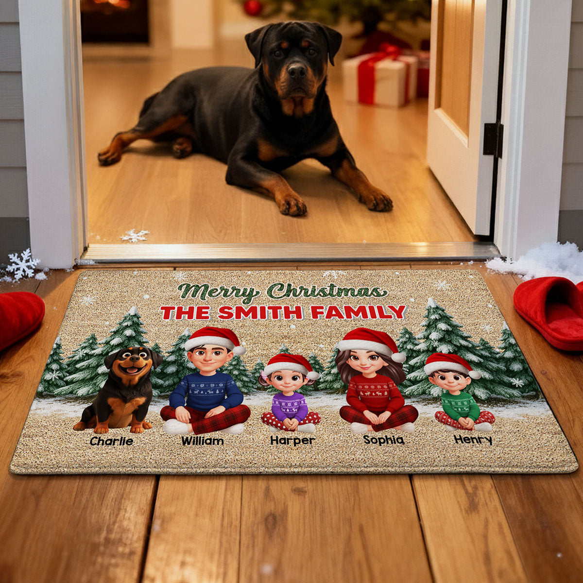 3D Effect Snowy Christmas Tree Beautiful Family Together Christmas - Personalized Doormat