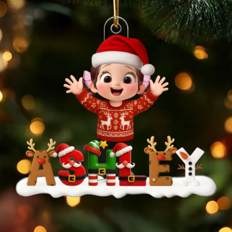 Happy Kid Christmas Iconic Name - Personalized Acrylic Ornament - Christmas Gift for Kid, Grandkids