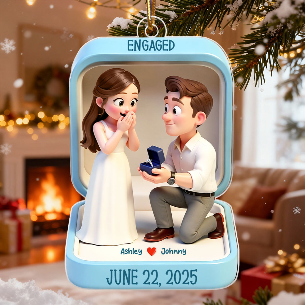 Cute Cartoon Couple 1st Christmas Engaged - Personalized Acrylic Ornament - Proposal Keepsake