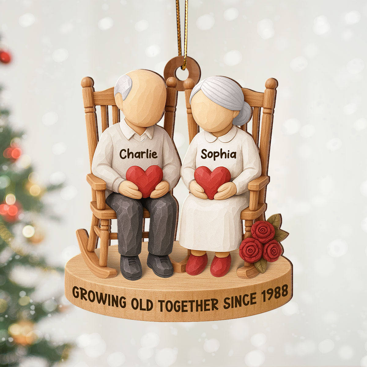 Old Couple Sitting on Chair - Personalized Wooden Ornament - Christmas Gift for him, Gift for her