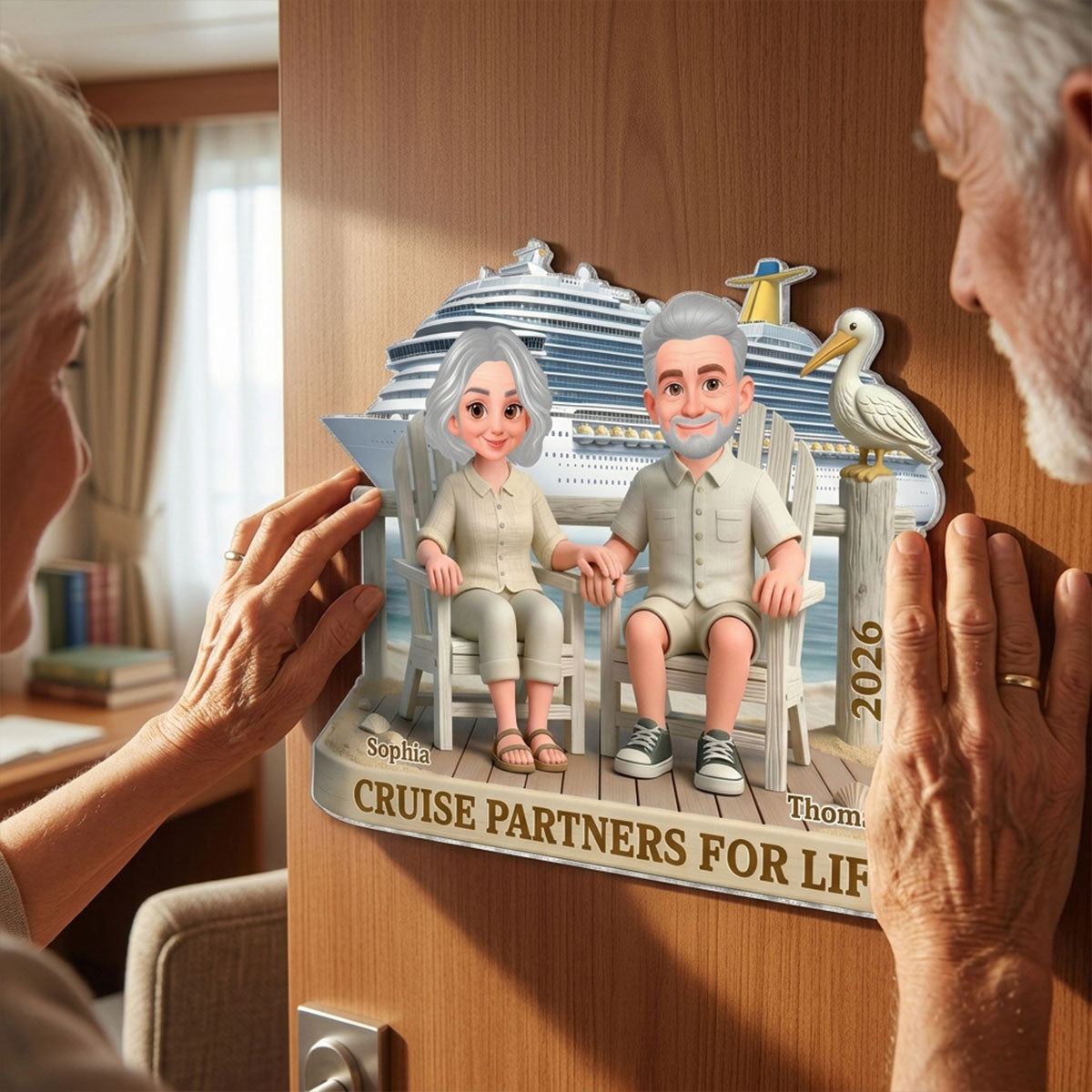 Old Couple Sitting On The Beach - Personalized Cruise Cabin Door Magnet - Anniversary Cruise Keepsake