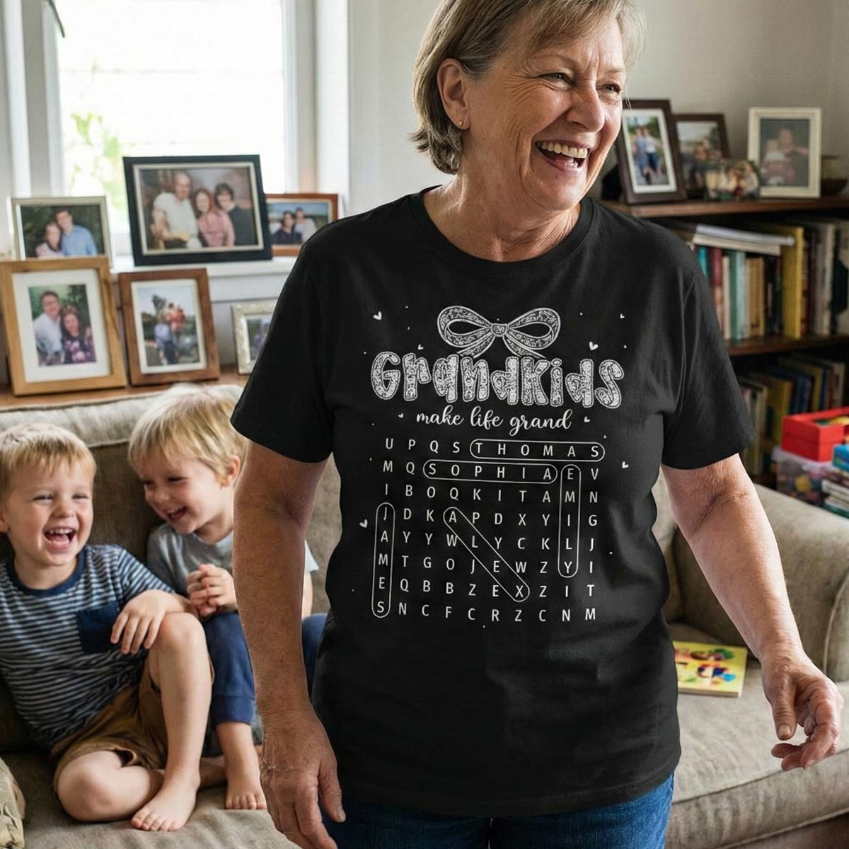 Lace Pattern Grandma Custom Grandkids Names Word Search Puzzle - Personalized Shirt - Gift For Grandma
