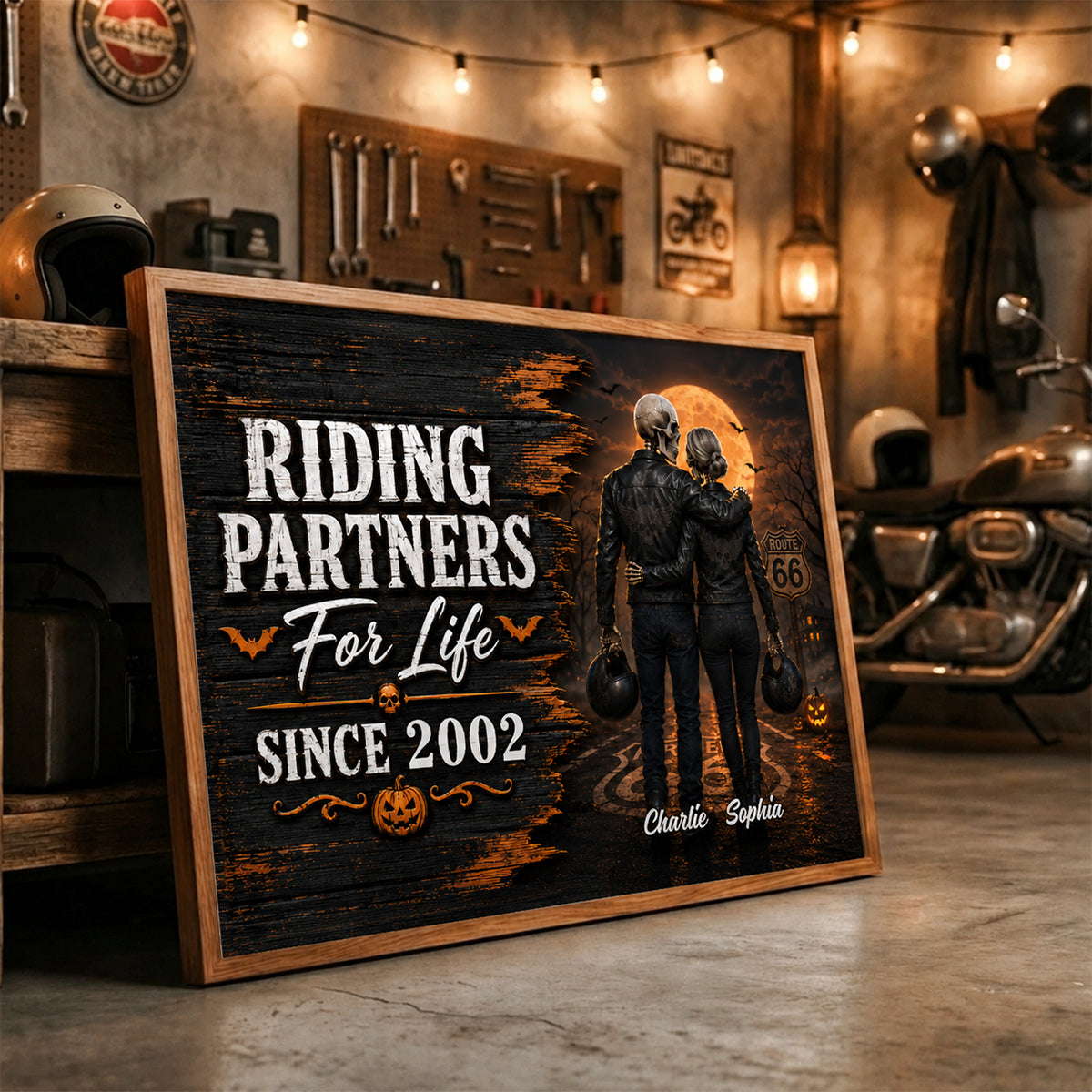 Skeleton Biker Couple Riding Partners For Life - Personalized Poster - Halloween Decor Gift, Gift For Couple