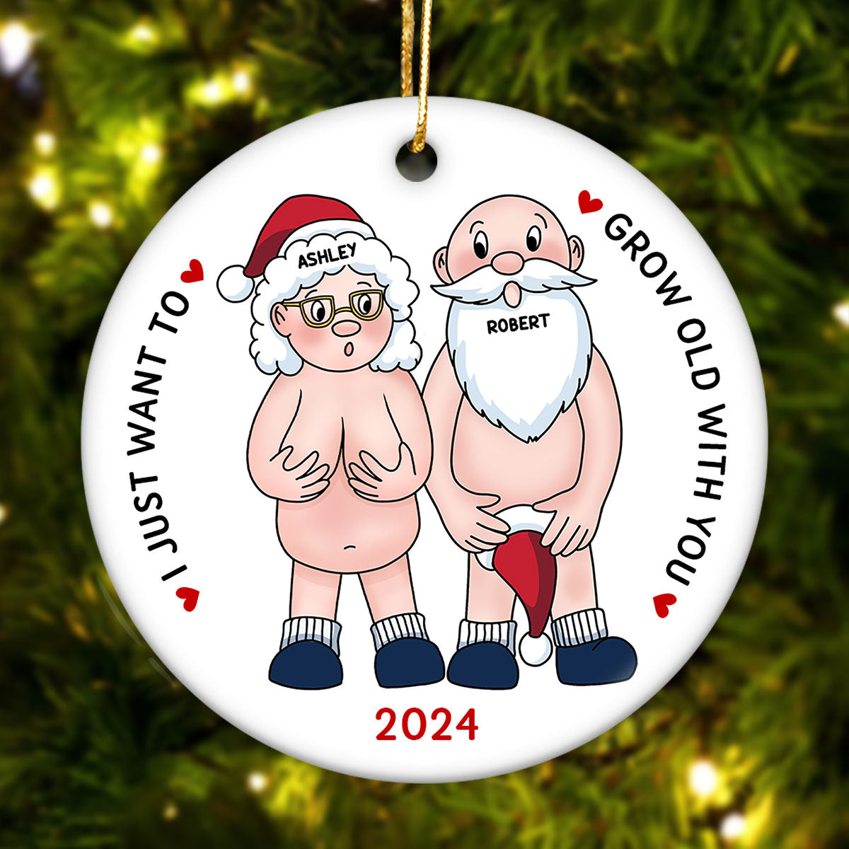 Funny Old Couple Personalized Circle Ceramic Ornament Christmas Gift for Him for Her