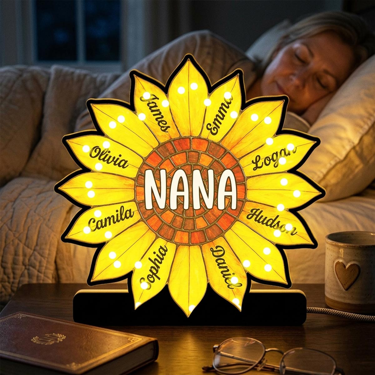 Grandma Sunflower Custom Kids Names - Personalized Suncatcher Night Light - Heartfelt Mother's Day Gift For Grandma, Mom, Wife