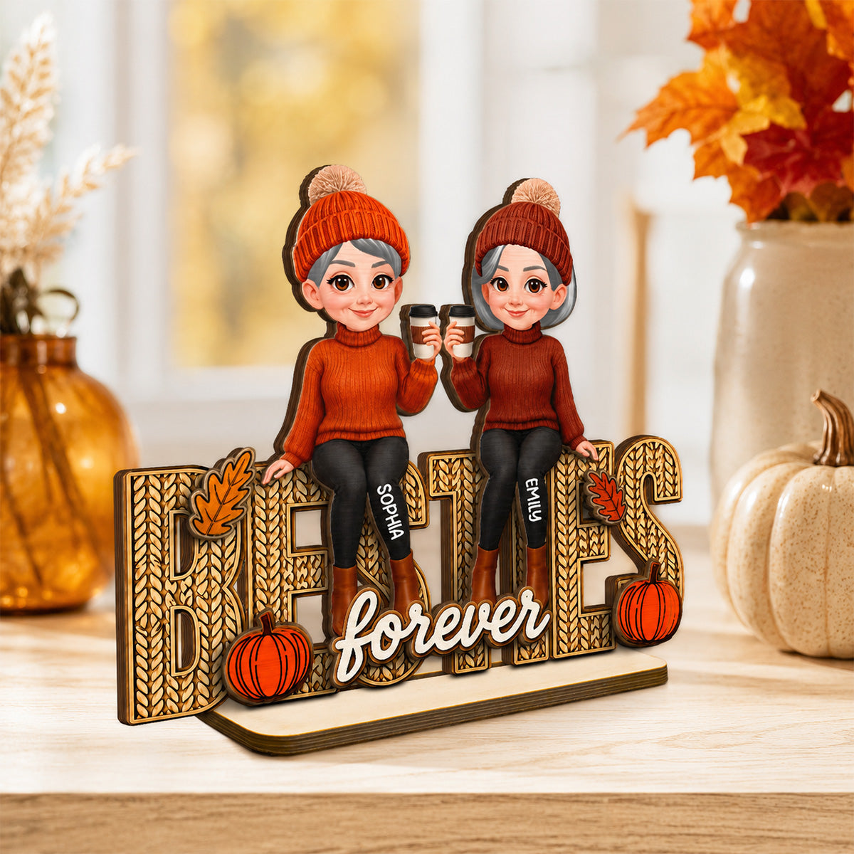 Besties Sisters Fall Season Knit Pattern - Personalized Wooden Plaque