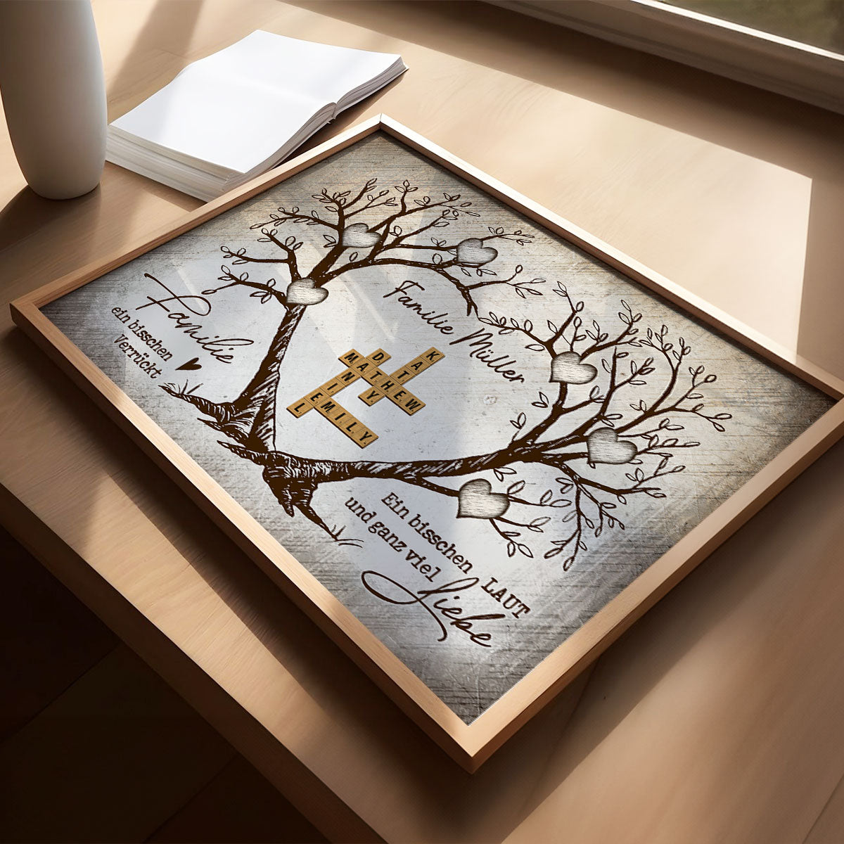 Personalisiertes Familien-Poster – Herzbaum & Kreuzworträtsel – Für immer verbunden – Geschenk für Familie, Mann & Frau