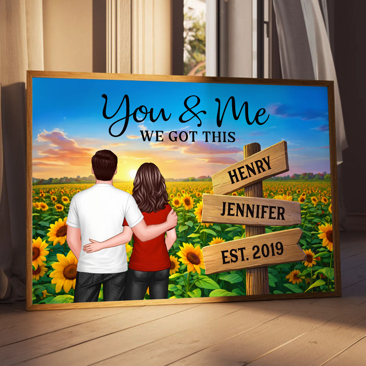 Everlasting Love Back View Couple Sunflower Field Sign Posts - Personalized Poster - Valentine's Day Gift For Couple