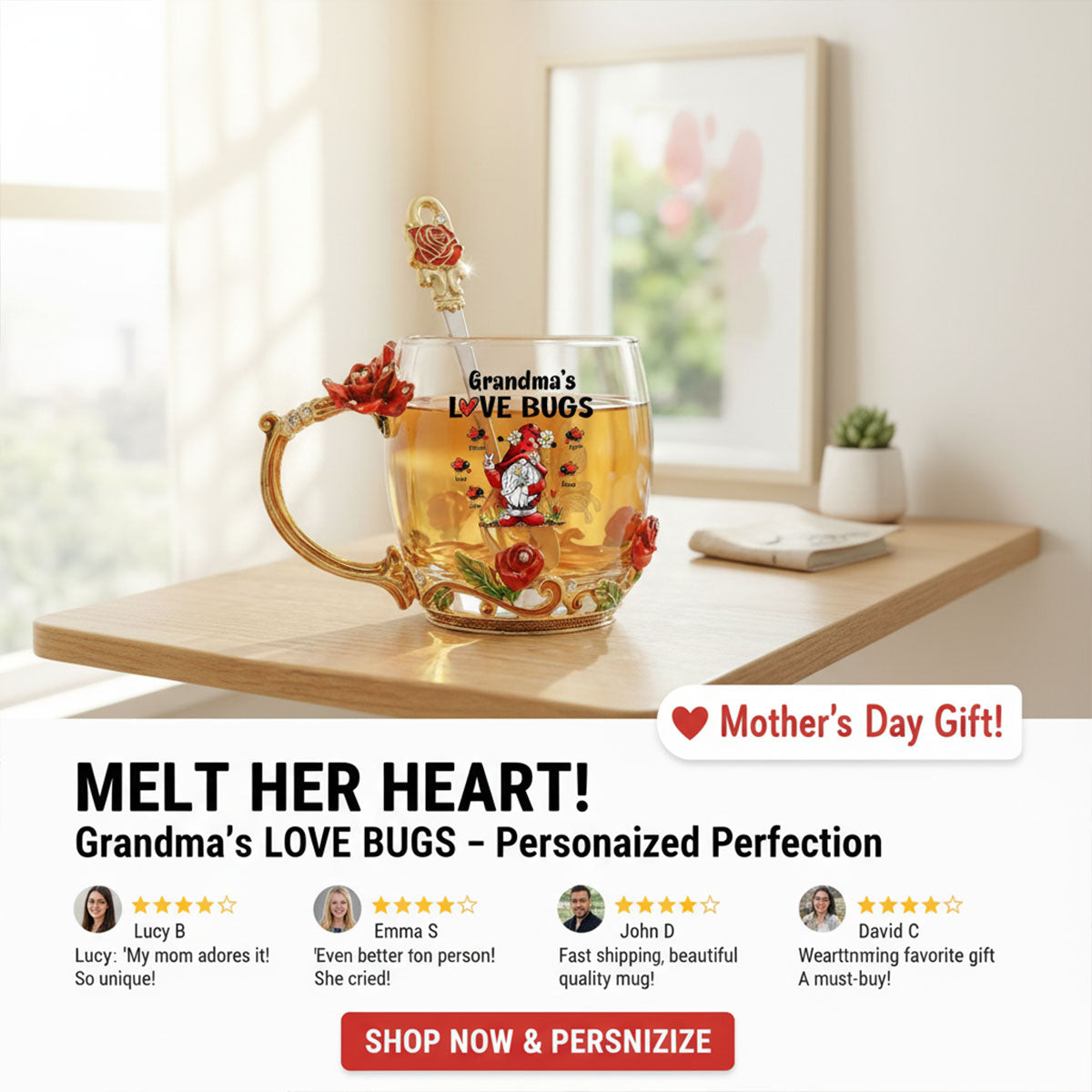 Grandma's Love Bugs - Personalized Enamel Flower Tea Cup - Gift For Grandma, Mom