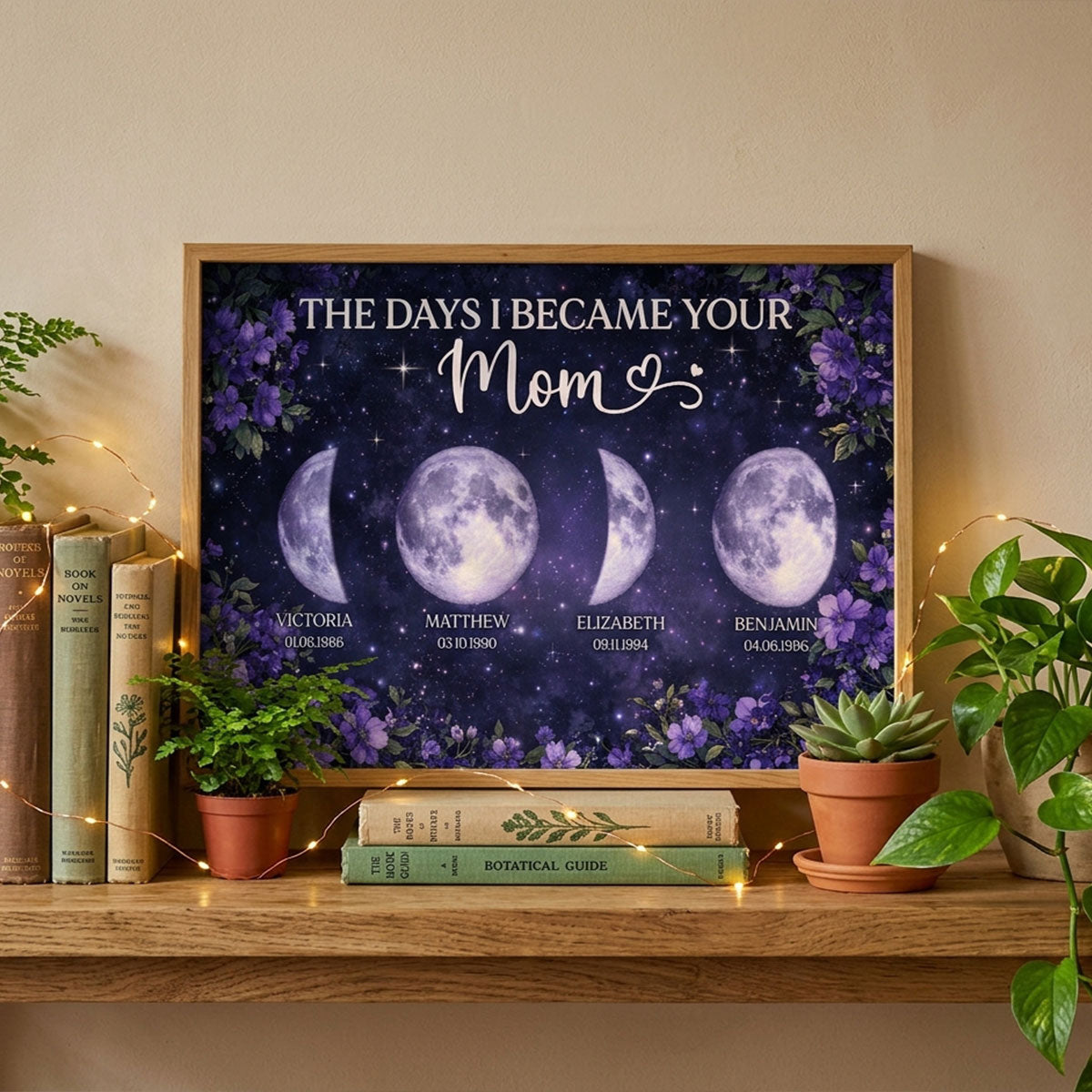 Purple Flowers The Day You Became Mom Grandma Custom Birth Moon Phase - Personalized Poster - Mother's Day Gift For Mom, Grandma
