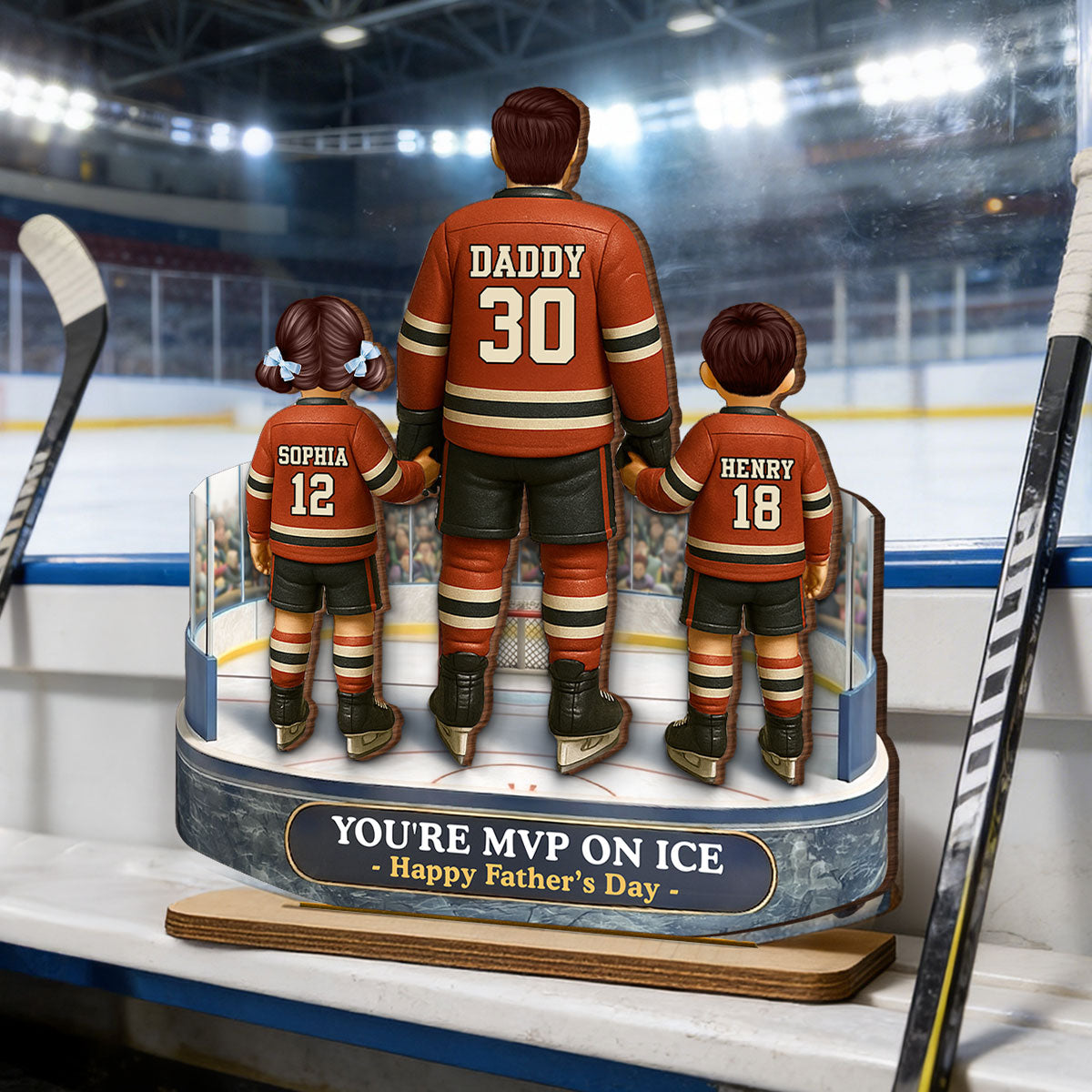 Hockey Dad And Kids On The Ice - Personalized 2-Layered Wooden Plaque - Gift For Hockey Dad, Gift For Husband