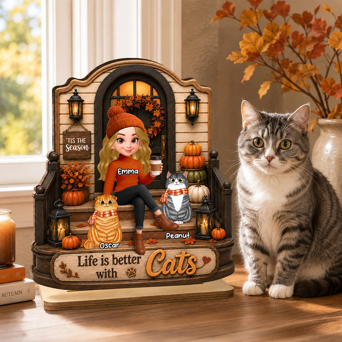 Life is Better with Cats - Personalized 2-Layered Wooden Plaque - Fall Decor for Cat Moms