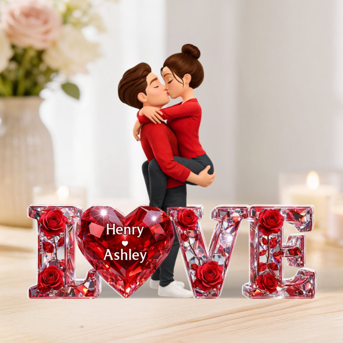 3D Shiny Rose Love Kissing Couple - Personalized Acrylic Block Plaque - Heartfelt Valentine's Day Gift For Him, Gift For Her