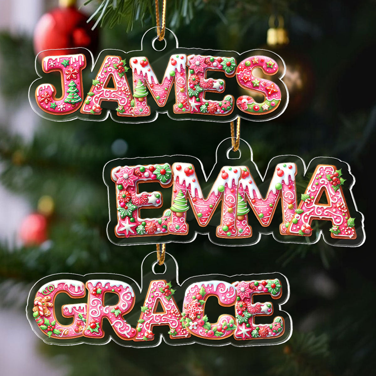 Pink Gingerbread Alphabet Custom Name - Personalized Acrylic Ornament - Christmas Tree Decor