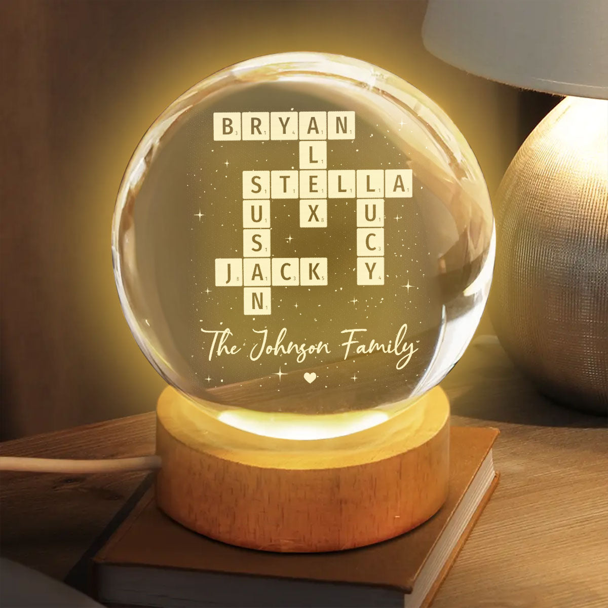 The Family Puzzle Crossword Art Home Decor - Personalized Crystal Ball LED Night Light