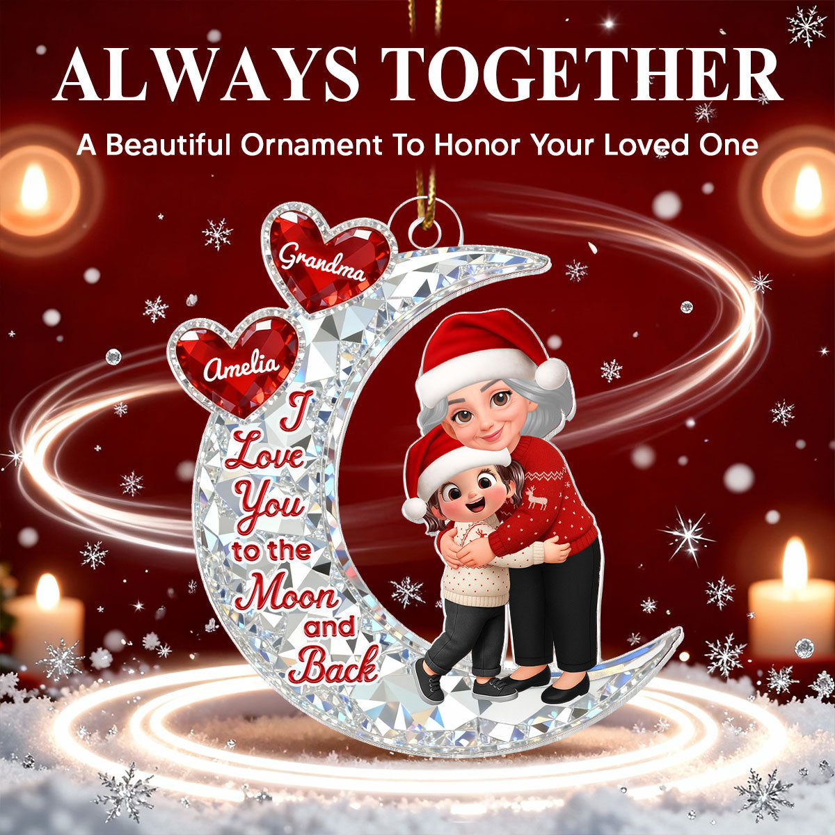 3D Effect Flat Grandma Hugging Grandkid On Moon - Personalized Acrylic Ornament - Gift For Grandma, Grandkids