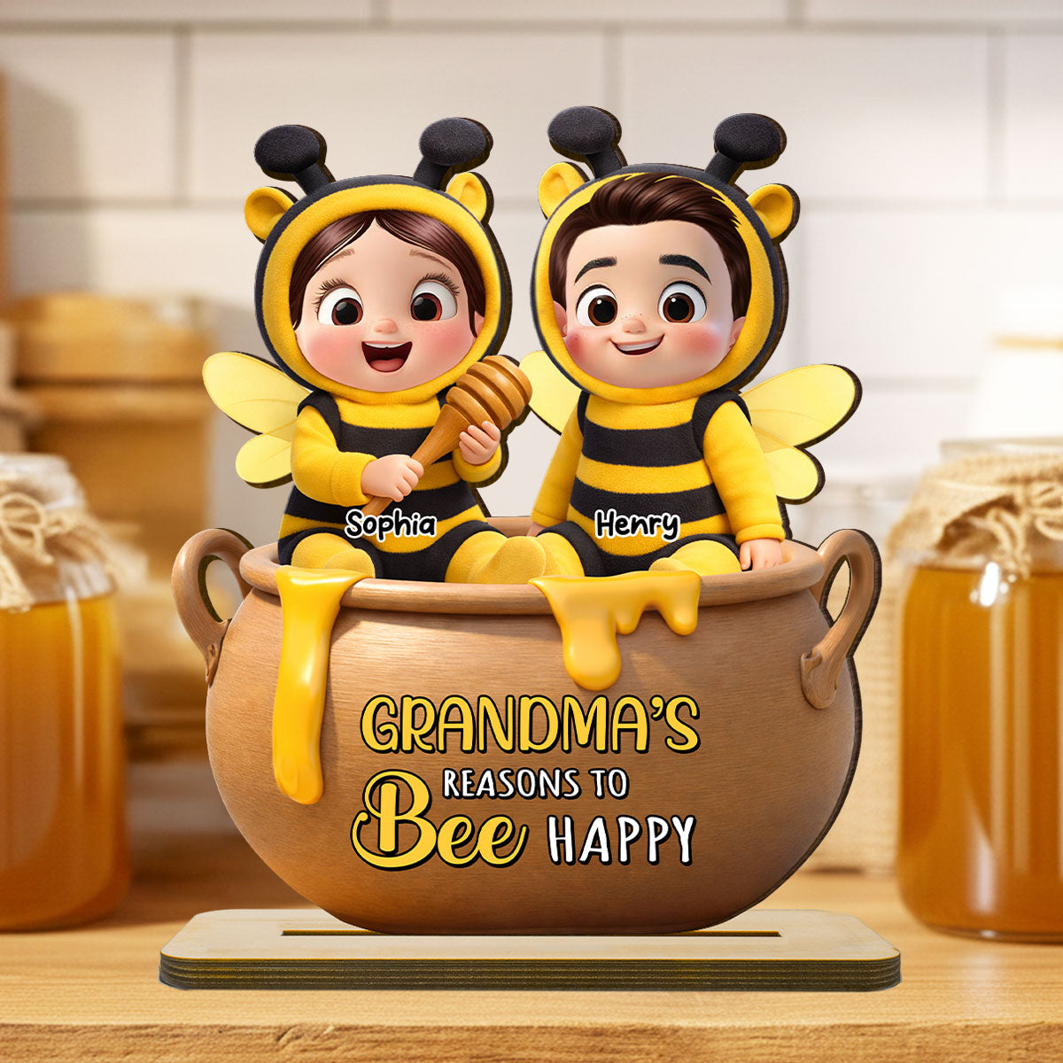 Grandma's Reasons to Bee Happy - Personalized 2-Layered Wooden Plaque - Heartfelt Mother's Day Gift for Grandma