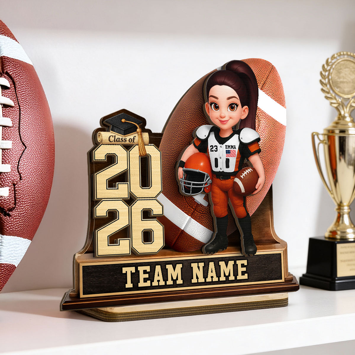 American Football Senior Keepsake 2D Flat - Personalized 2-Layered Wooden Plaque - Graduation Gift For Son, Daughter