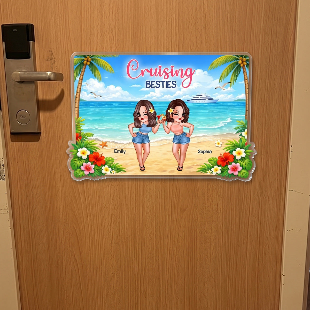 Pretty Cruise Besties On The Beach - Personalized Cruise Cabin Door Magnet - Girls Trip Cruise Trip Keepsake