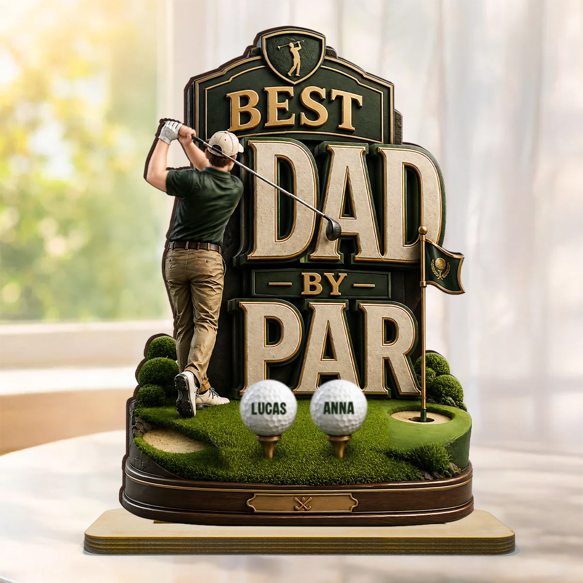 Golf Dad & Kids Best Dad By Par - Personalized 2-Layered Wooden Plaque -  Gift For Dad, Husband