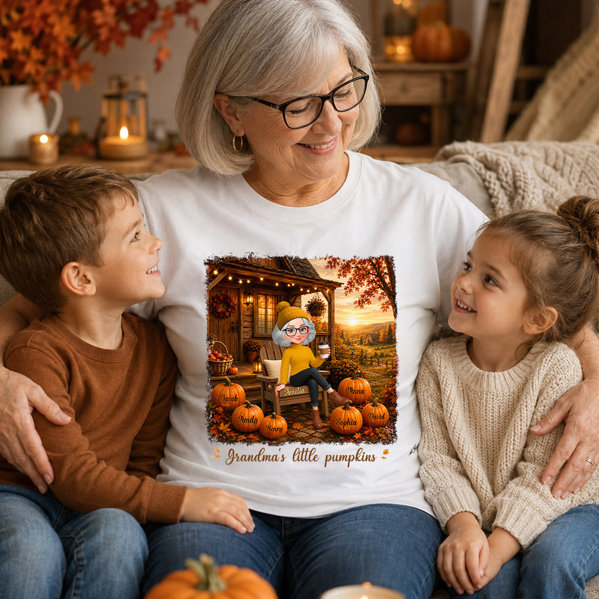 Grandma Sitting On Porch Grandkids - Personalized Shirt - Fall Season Gift, Gift For Grandma