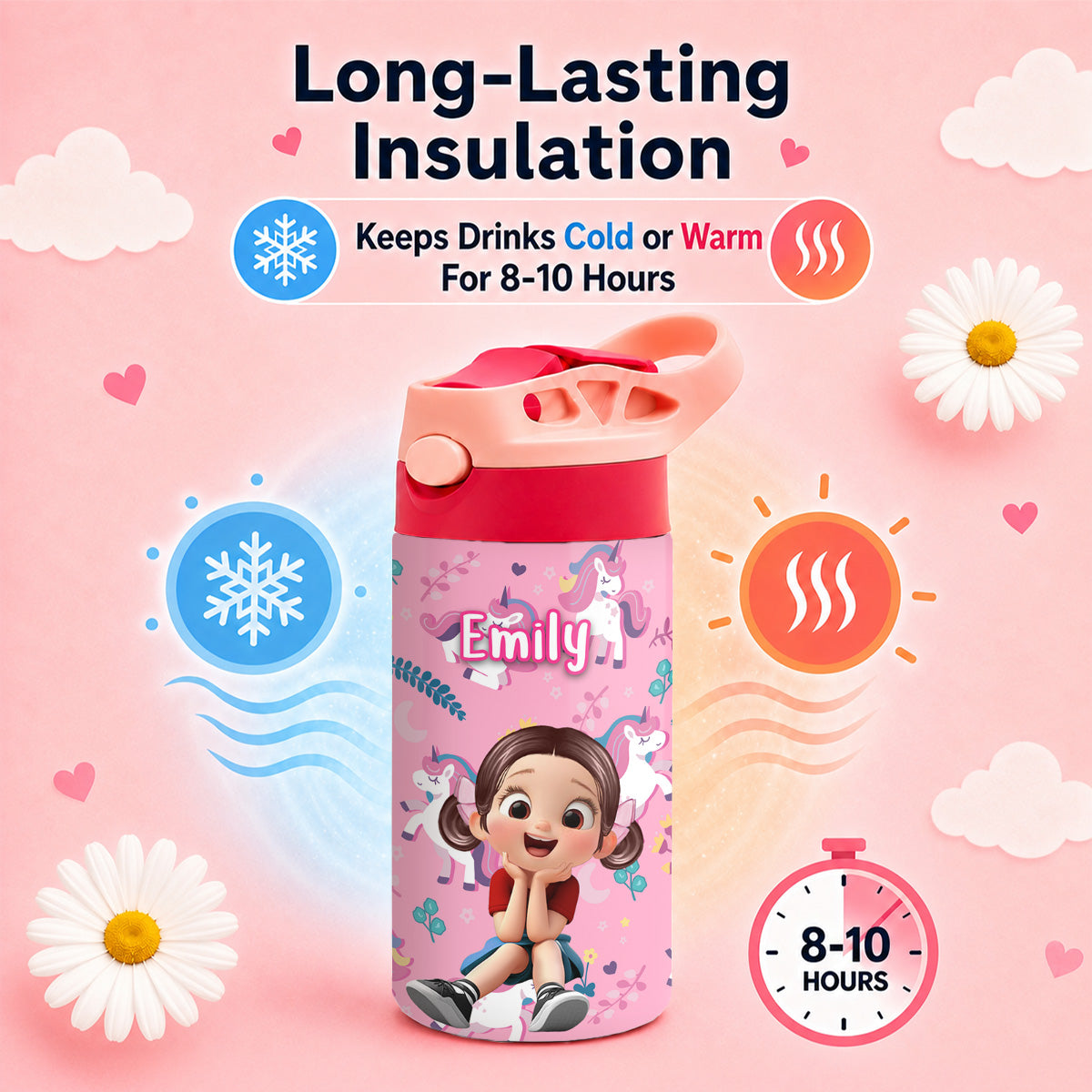 Multiple Kid Favorite Pattern - Personalized Kid Insulated Water Bottle - Stainless Steel Toddler Cups with Straws, BPA Free, Leak-Proof