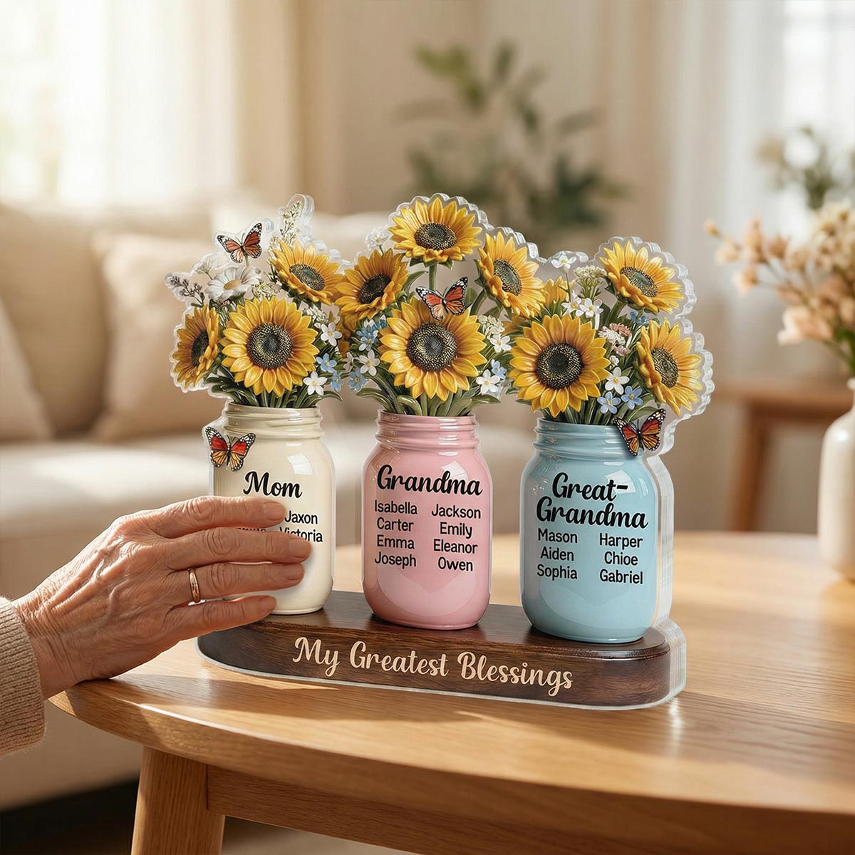 Mom Grandma Great Grandma Sunflowers Jars Custom Names 2D Flat - Personalized Acrylic Block Plaque