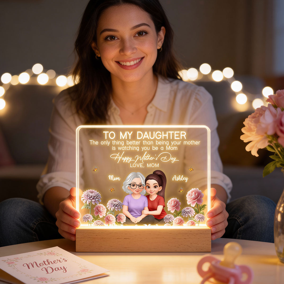 To My Daughter Happy Mother's Day Custom Birth Month Flower - Personalized Acrylic Block LED Plaque - Mother's Day Gift For Daughter