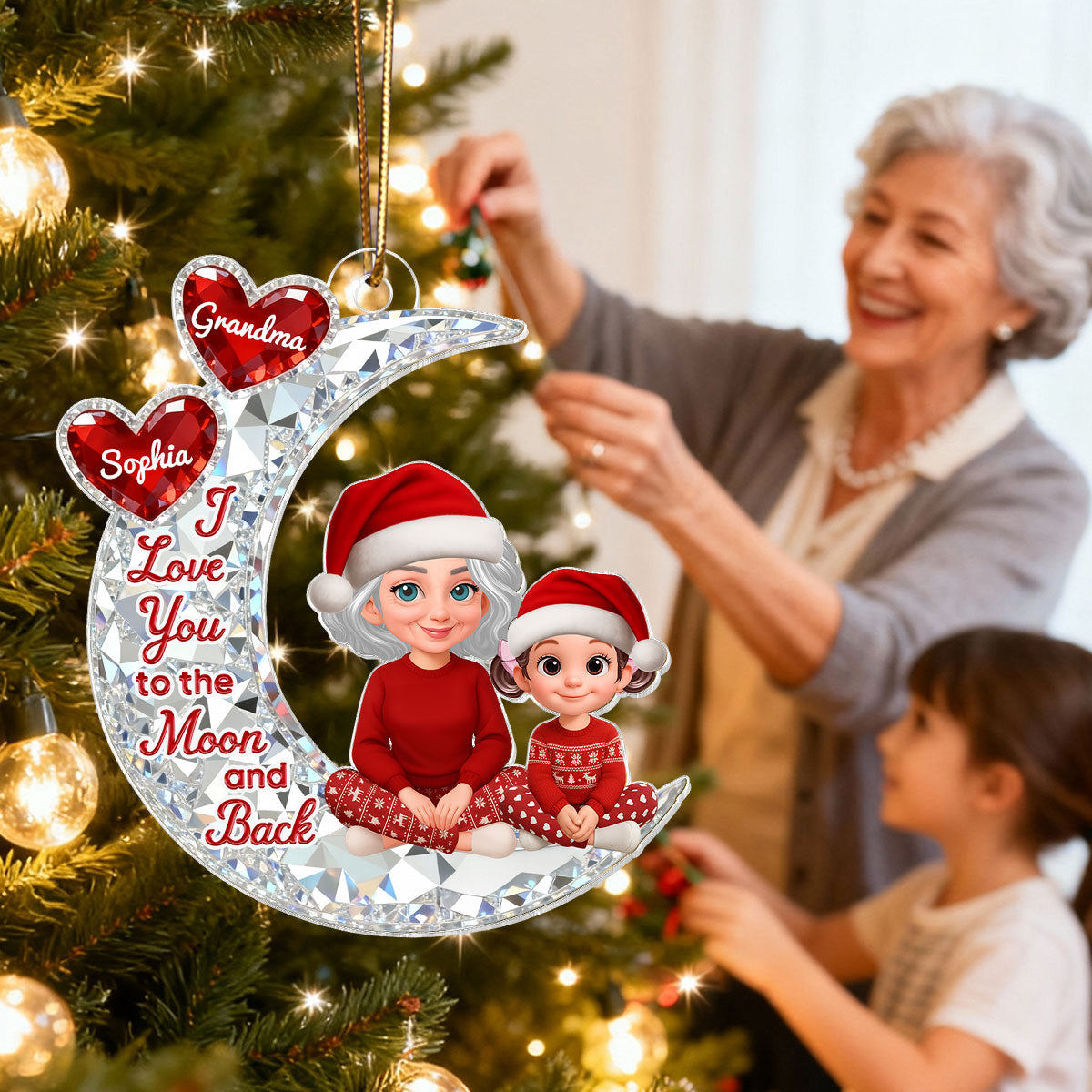 3D Effect Flat Grandma Grandkid On Moon - Personalized Acrylic Ornament - Gift For All Grandkids