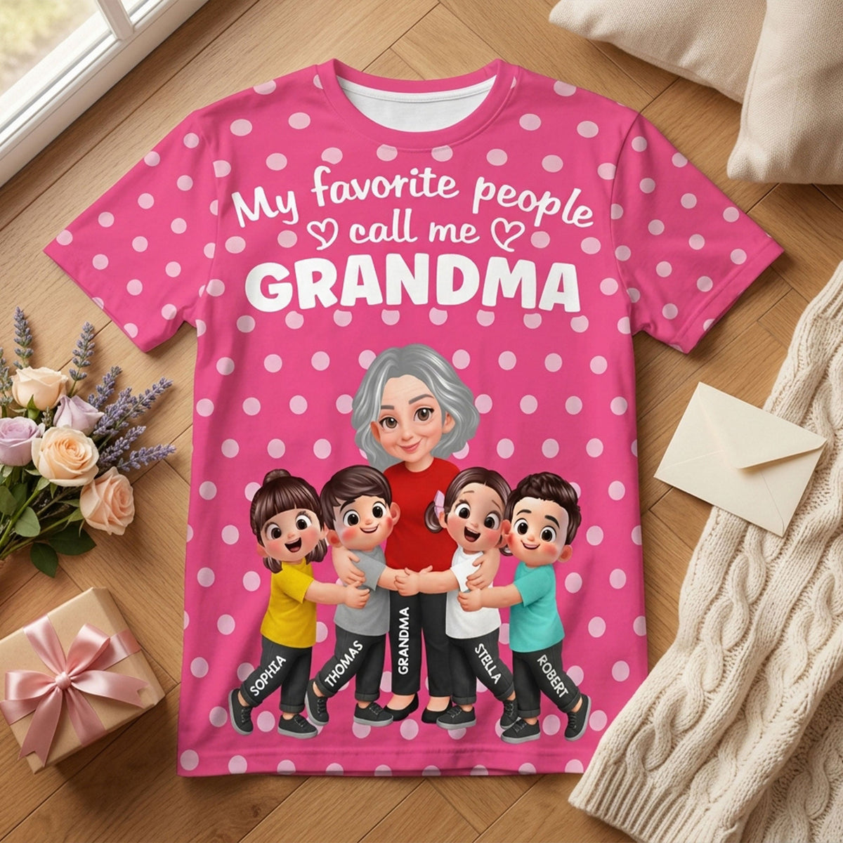 Grandma Grandkids Hugging Polka Dot Pattern - Personalized Shirt - Gift For Grandma, Mom